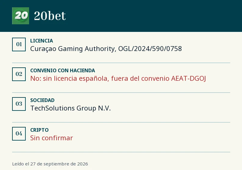Ficha de 20bet: licencia, convenio con Hacienda y cripto