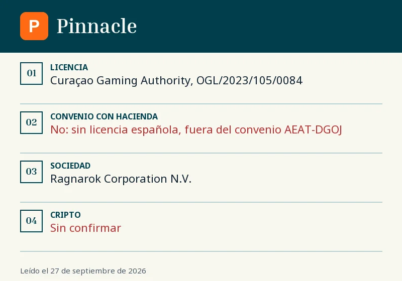Ficha de Pinnacle: licencia, convenio con Hacienda y cripto